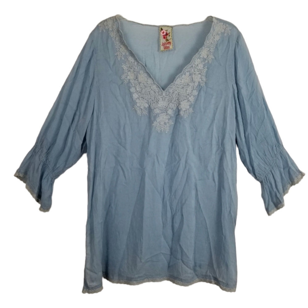 Johnny Was Light Blue Embroidered V-Neck Tunic